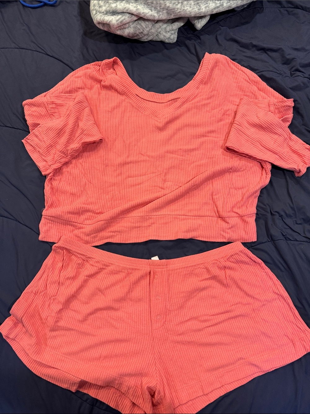 Auden Coral Ribbed Short Sleeve Crop Top & Shorts Set